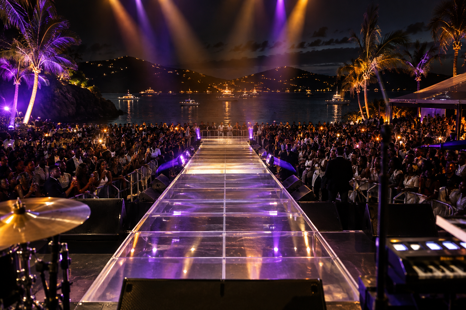Solaire Relevé configured as a concert runway overlooking an island harbor
